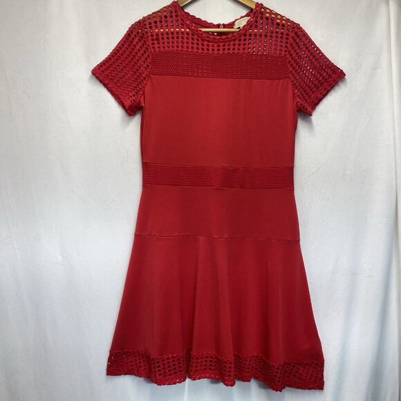 Michael Kors Stretch Crepe Mesh Panel Neck- Hem Fit&Flare Dress Women Large Red - Picture 1 of 16